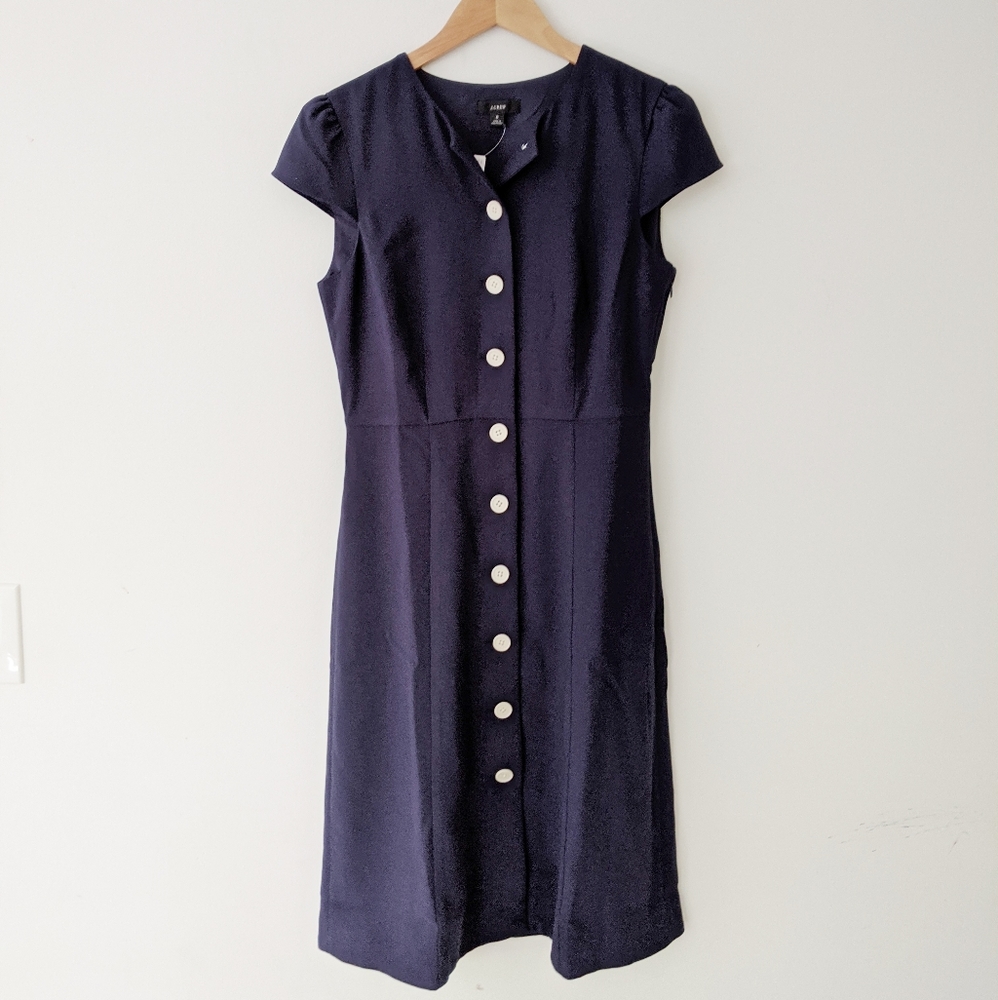 NWT J. Crew Button Front Cap Sleeve Dress in Navy - Picture 2 of 6